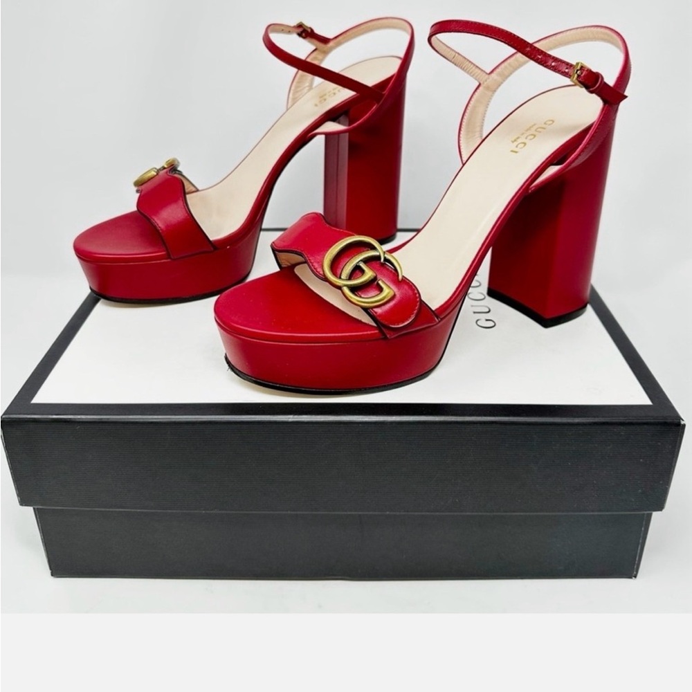 Gucci Red Leather Platform Block Heel Sandals with Gold Double G Accent